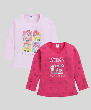 Nottie Planet Pack Of 2 Full Sleeves Weekend And Selfie Girl Printed T Shirts - Pink