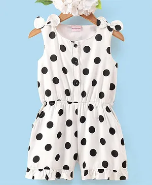 Kookie Kids Cotton Sleeveless Jumpsuit Polka Dot Print With Bow Detailing- White