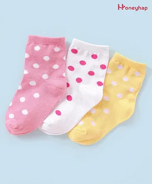 Honeyhap Premium Cotton Bamboo Ankle Length Anti-Bacterial Socks Polka Dots Design Pack of 3 - Pink White & Lemon