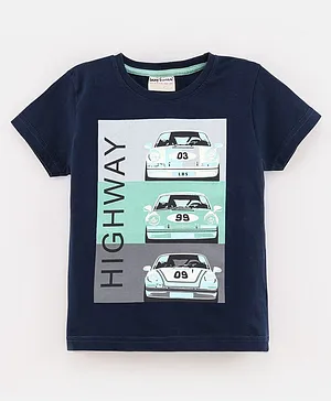 Lazy Bones Cotton Half Sleeves T-Shirt Car & Highway Text Print - Navy Blue