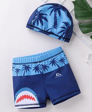 Babyhug Swimming Trunk With Cap Shark Print - Navy Blue