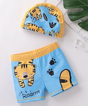 Babyhug Quick Dry Swimming Trunk With Cap Tiger Print- Blue