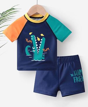 Babyhug Half Sleeves Crocodile Print Two Piece Swimsuit - Navy Blue