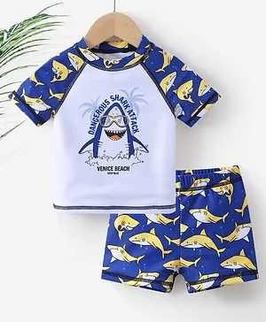Babyhug Half Sleeves Mid Thigh Length Swimsuit Shark Print - Blue