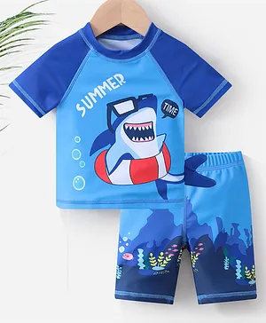Kookie Kids Half Sleeves Two Piece Swimsuit Shark Print - Blue