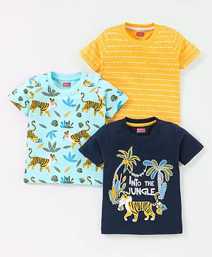 Babyhug Cotton Knit Half Sleeves Tiger Printed T-Shirts Pack of 3 - Navy Blue & Yellow