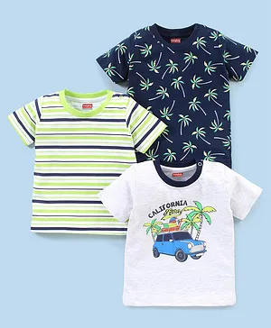 Babyhug Cotton Knit Half Sleeves  Striped & Palm Tree Printed T-Shirts Pack of 3 - Blue & Grey