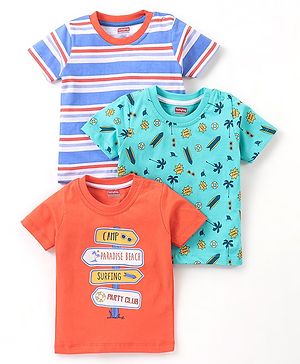 Babyhug Cotton Half Sleeves Striped and Beach Printed T-shirts Pack of 3  - Orange & Blue