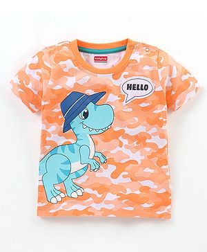 Babyhug Cotton Half Sleeves Camouflage T-Shirt Dino Print - Orange & White
