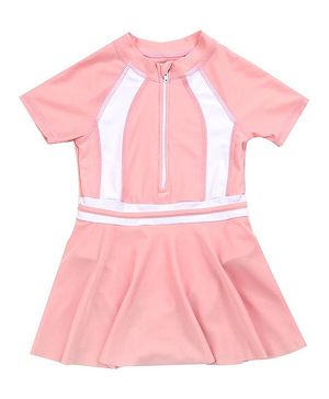 Babyhug Half Sleeves Frock Swimsuit Striped - Pink