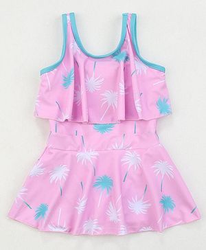 Babyhug Sleeveless Frock Swimsuit Tropical Print - Pink