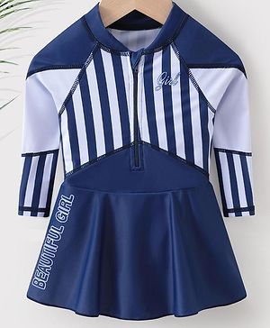 Babyhug Full Sleeves Frock Swimsuit Striped- Blue