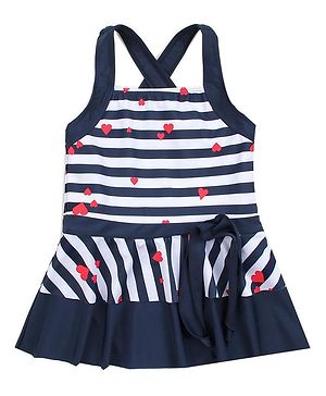 Babyhug Sleeveless Frock Swim Suit Stripes & Heart Print- Navy Blue & White