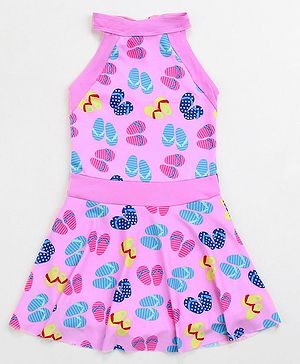 Babyhug Sleeveless Frock Swimsuit Slipper Print - Pink