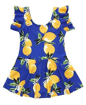 Babyhug Frill Sleeves Frock Swimsuit Fruit Print - Navy & Yellow