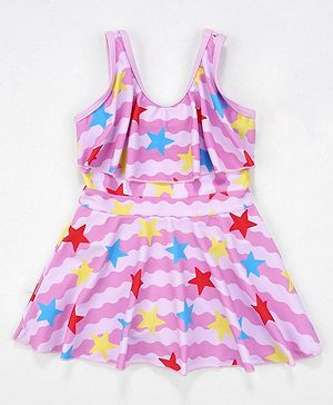 Babyhug Sleeveless Frock Swimsuit Stars Print - Pink