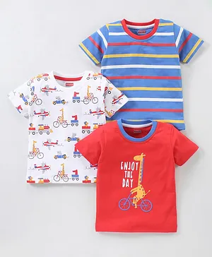 Babyhug Cotton Knit Half Sleeves Giraffe Print & Stripes T-Shirt Pack Of 3 - Blue Red & White