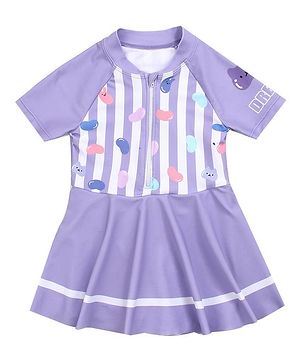 Babyhug Half Sleeves Frock Swimsuit Beans Print - Purple