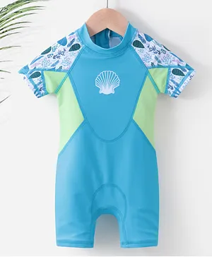 Babyhug Half Sleeves Legged Swimswit Shell Print - Blue