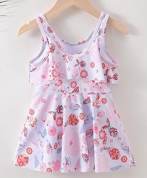 Babyhug Sleeveless Frock Swimsuit Floral Print- White & Red