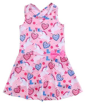 Babyhug Sleeveless Heart Print Frock Swimsuit with Bow Applique - Pink