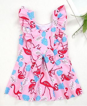 Babyhug Frill Sleeves Frock Swimsuit Flamingo Print - Pink