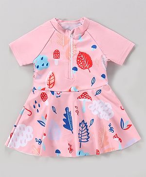 Babyhug Full Sleeves Frock Swimsuit Leaf Print- Pink