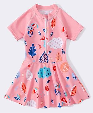 Babyhug Full Sleeves Frock Swimsuit Leaf Print- Pink