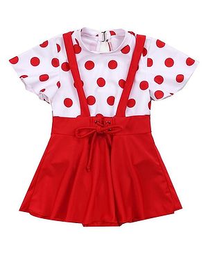 Babyhug Half Sleeves Frock Swimsuit Polka Dots Print - Red