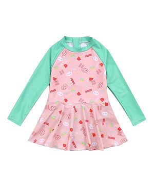 Babyhug Raglan Sleeves Frock Swimsuit Text Print - Pink & Green