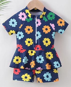 Babyhug Half Sleeves Frock Swimsuit Floral Print - Navy Blue
