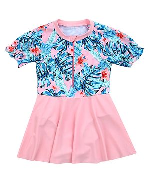 Babyhug Half Sleeves Frock Swimsuit Tropical Print - Pink