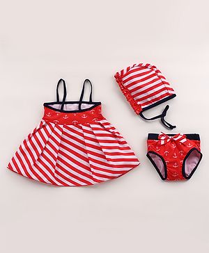 Babyhug Singlet Sleeves Striped Frock Swimsuit with Cap & Bikini Bottomwear - Red