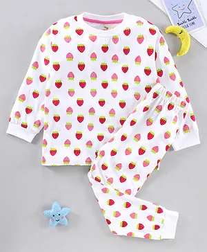 BLUSHES Full Sleeves  Seamless Strawberry Printed Coordinating Night Suit - White