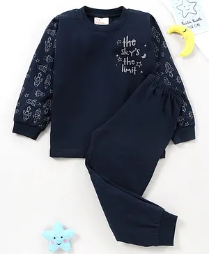 BLUSHES Full Sleeves The Skys The Limit & Star Printed Tee With Pyjama - Navy Blue