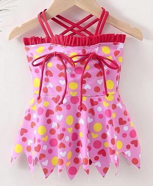 Kookie Kids Sleeveless Frock Swimsuit Dots & Hearts Print- Pink