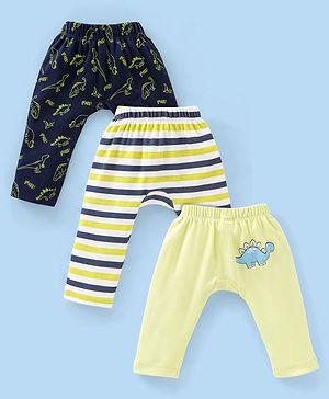 Babyhug Cotton Full Length Diaper Pants Dino Print Pack of 3 - Green