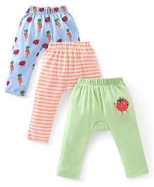 Babyhug Cotton Full Length Diaper Pants Tomato  Carrot Print & Stripes Pack of 3 - Red Blue & Green