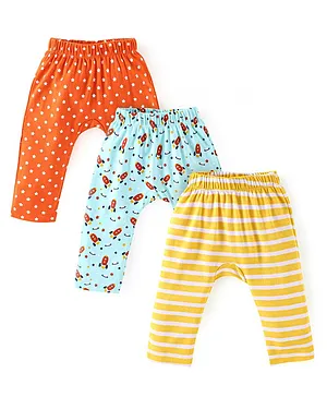 Babyhug Cotton Knit Full Length Diaper Pants Rocket Print Pack of 3 - Yellow Blue & Orange