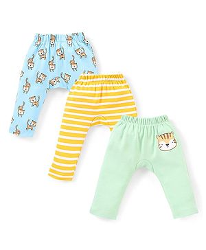 Babyhug Cotton Knit Full Length Striped Diaper Leggings Cubs Print Pack of 3 - Yellow Green & Blue