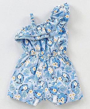 Babyhug 100% Cotton One Shoulder Sleeves Jumpsuit Floral Print- Blue