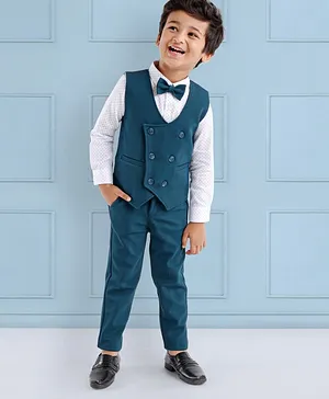 Mark & Mia Full Sleeves Dotted Party Suit with Bow & Solid Colour Waistcoat - Green