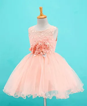 Mark & Mia Sleeveless Party Wear Frock With Floral Applique - Peach