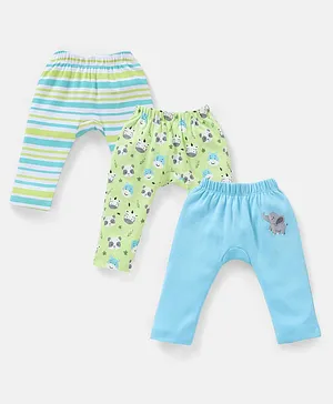 Babyhug Cotton Full Length Diaper Pants Striped & Wild Animal Print Pack Of 3 - Blue & Green