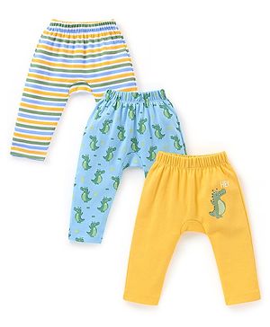 Babyhug Cotton Full Length Diaper Pants Croc Print Pack of 3 - Yellow & Blue