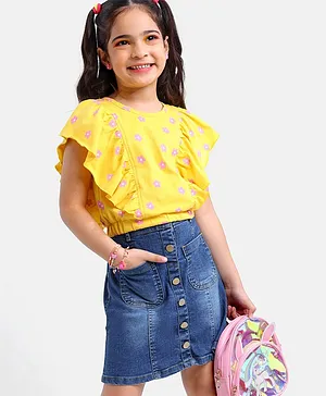 Ollington St. 100% Cotton Sleeveless Top and Stretchable Front Open Denim Skirt Floral Print - Yellow & Indigo
