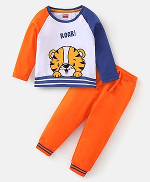 Babyhug 100% Cotton Knit Raglan Sleeves T-Shirt & Lounge Pant With Tiger Embroidery - Orange & White