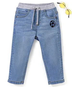 Babyhug Cotton Full Length Stretchable Denim Jeans Football Embroidery - Blue