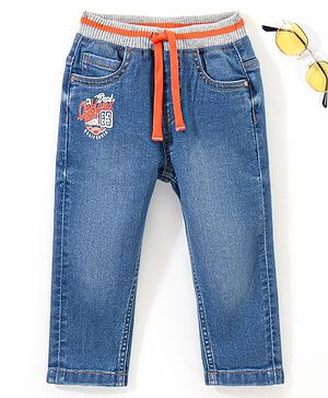 Babyhug Cotton Full Length Stretchable Denim Jeans Text Embossment - Blue