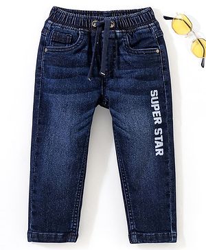Babyhug Cotton Full Length Stretchable Denim Jeans Text Print - Dark Blue